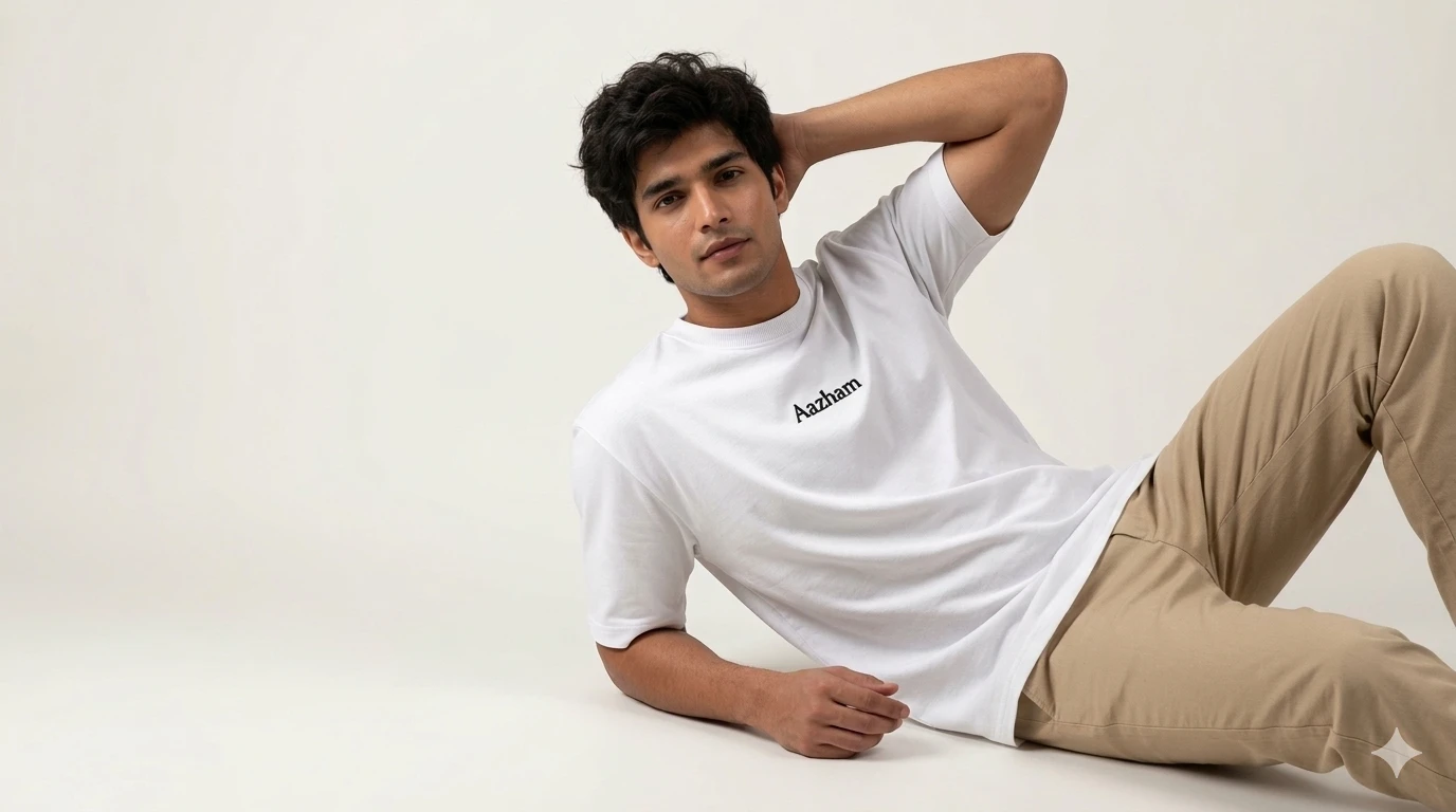 Model wearing Aazham premium cotton tee